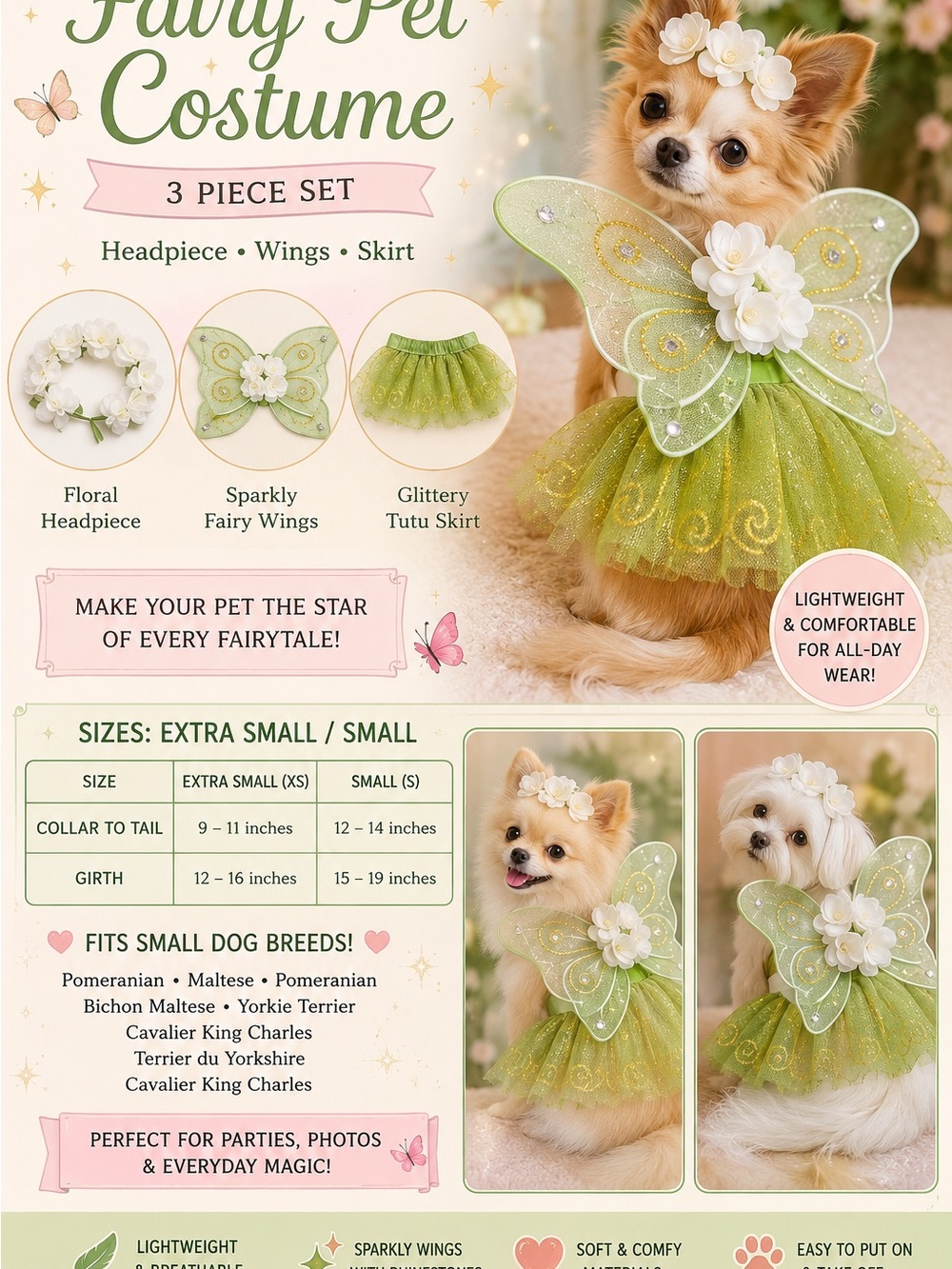 Sparkly Green Fairy Pet Costume - 3 Piece Set (Wings, Skirt, Floral Headpiece)